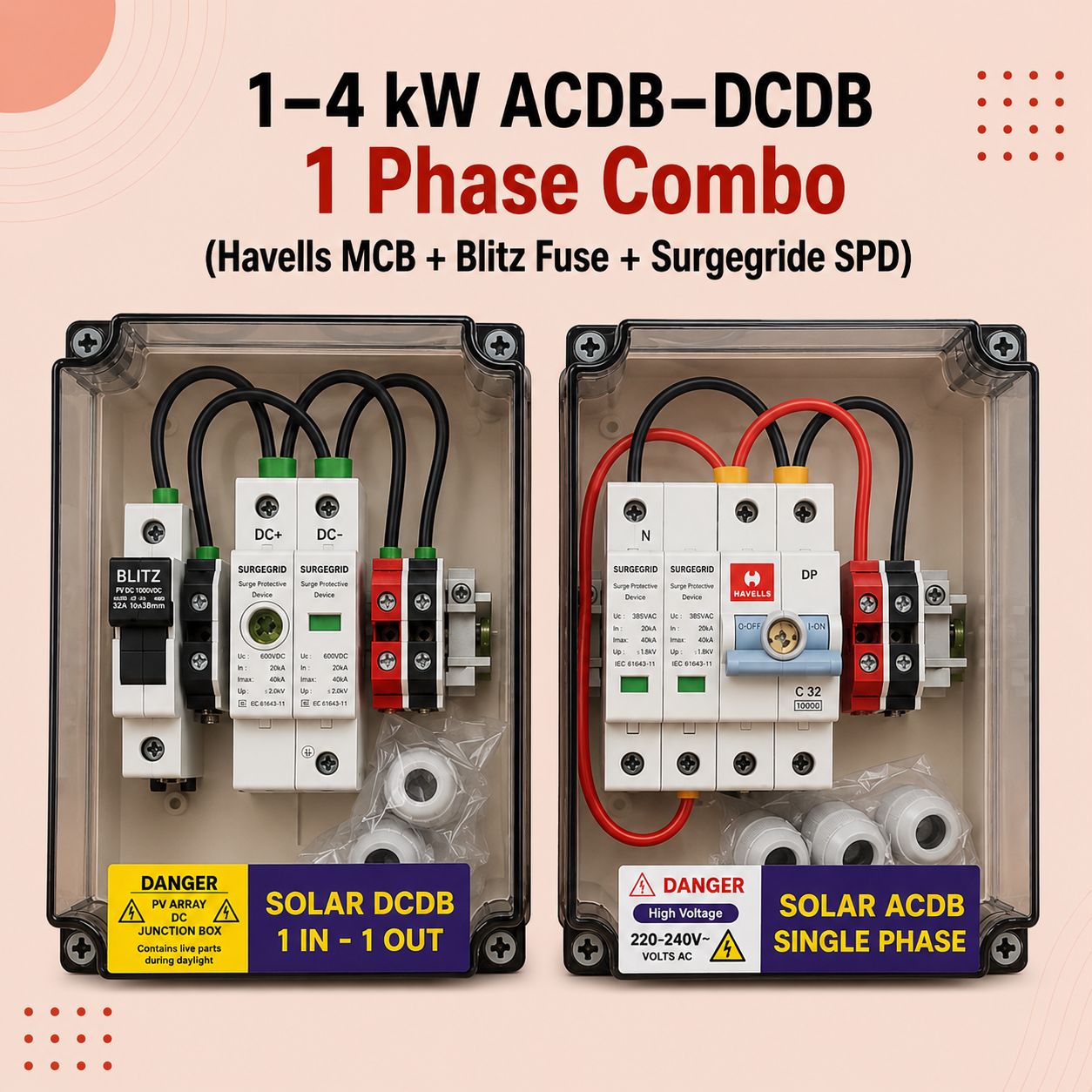 1–4 kW ACDB–DCDB 1 Phase Combo (Havells MCB + Blitz Fuse + Surgegride SPD)