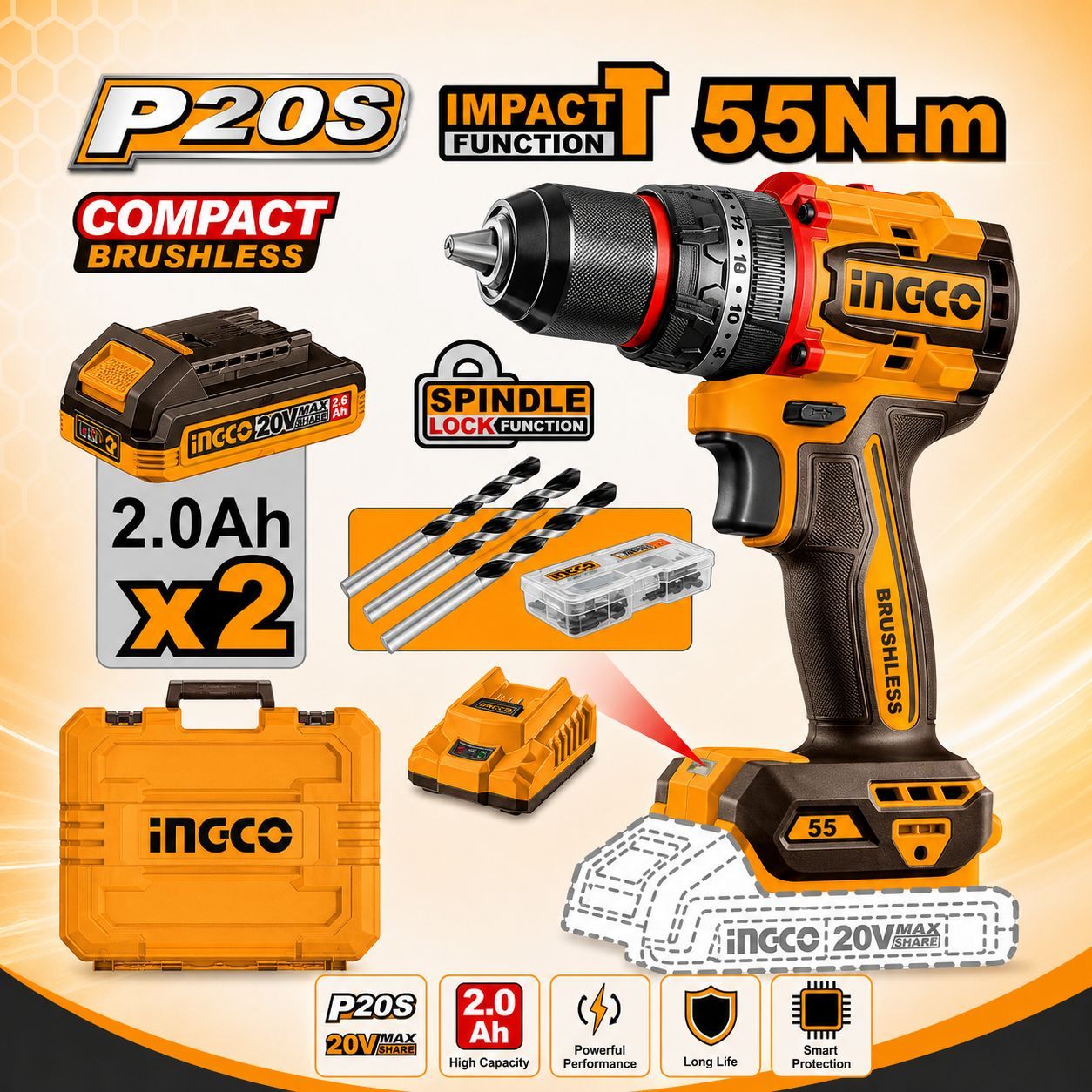 Compact Brushless Cordless Impact Drill 55nm