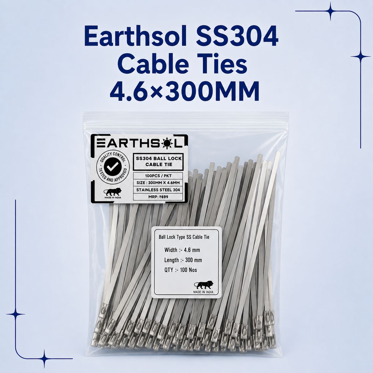 SS304 Cable Ties 4.6×300MM 100 PC/PKT