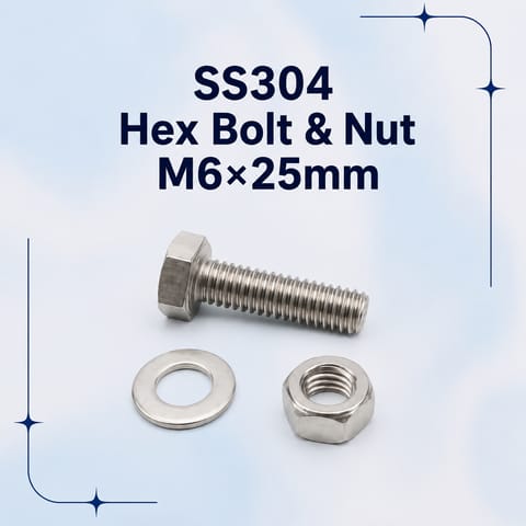 SS304 M6X25 Hex Bolt, Nut, Washer