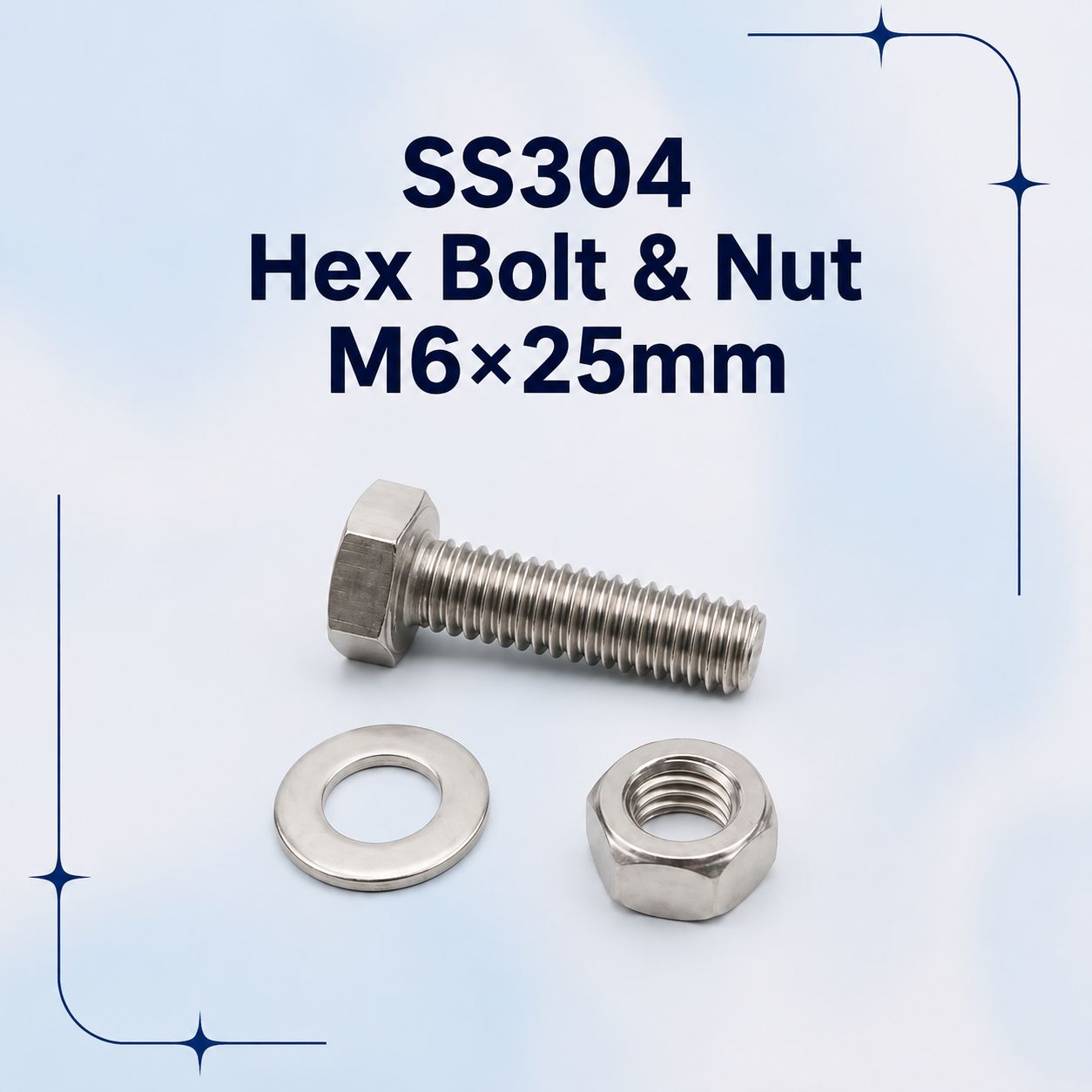 SS304 M6X25 Hex Bolt, Nut, Washer