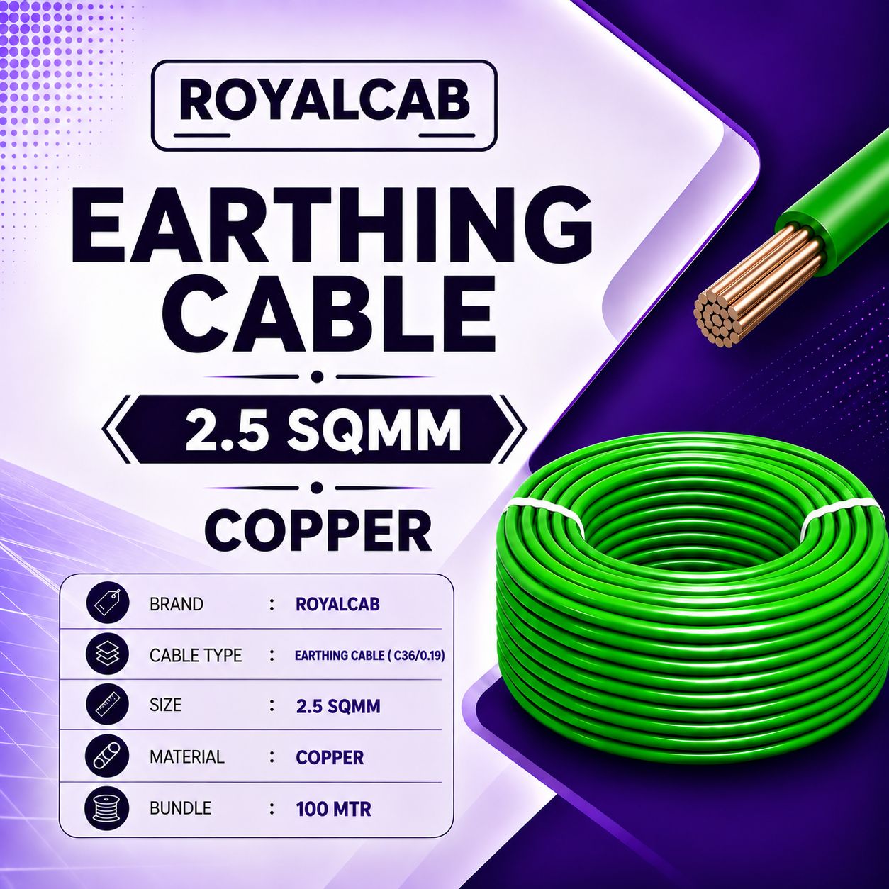 ROYALCAB Earthing Cable - 2.5 sqmm C36/0.19 (100 MTR) COPPER 