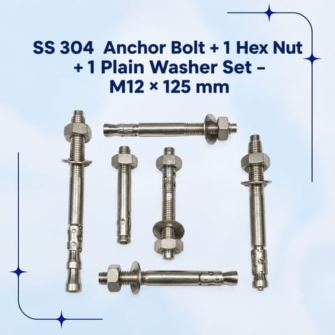 SS 304 AnchorFastener M12X75 (ThroughBOLT) With 1 Hex Nut & 1 Plain Washer (IS)