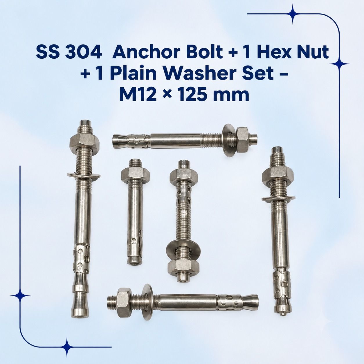 SS 304 AnchorFastener M12X75 (ThroughBOLT) With 1 Hex Nut & 1 Plain Washer (IS)