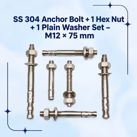 SS 304 AnchorFastener M12X75 (ThroughBOLT) With 1 Hex Nut & 1 Plain Washer (IS)